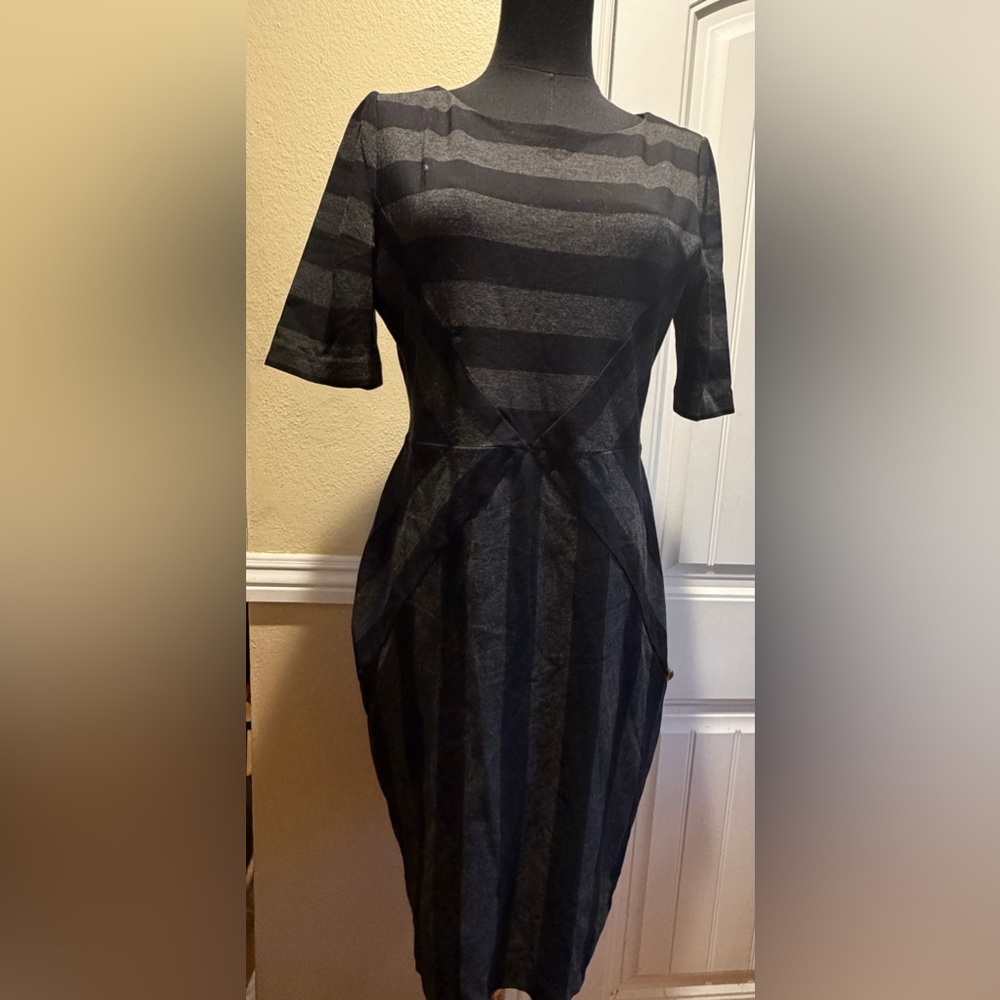 Maeve Black and Gray Striped Midi Dress